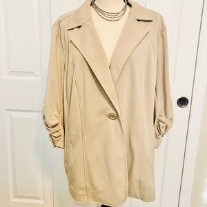 Susan Graver 1X Beige 3/4 Ruched Sleeve Blazer